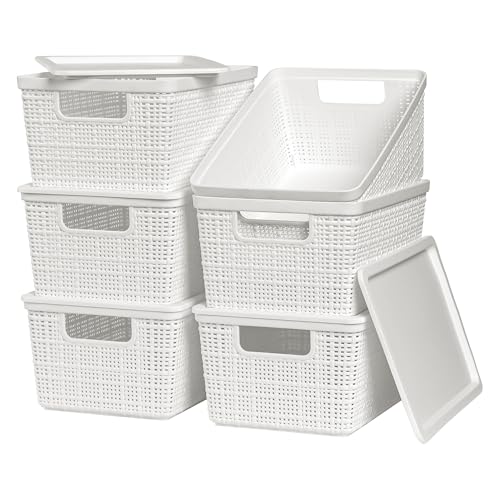 6 Pack Plastic Storage Baskets with Lid,White Stackable Bins | Durable Woven Plastic With handle Breathable,Save space,For Organizing Desktops, Closets, Playrooms, Classrooms, Offices - color: White