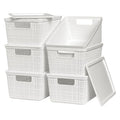 6 Pack Plastic Storage Baskets with Lid,White Stackable Bins | Durable Woven Plastic With handle Breathable,Save space,For Organizing Desktops, Closets, Playrooms, Classrooms, Offices - color: White