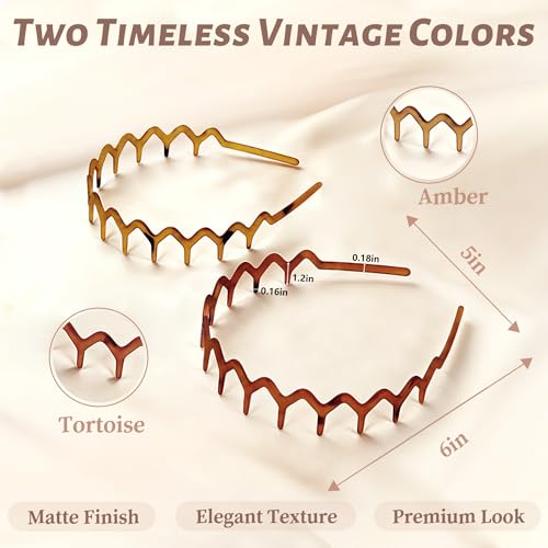 PIPUHA 2 Pack Zig Zag Headbands for Women, Matte Amber & Tortoise Comb Headband, Non Slip Headband with Teeth for Slick Back Hair, Vintage Wavy Hair Accessories for Daily Styling