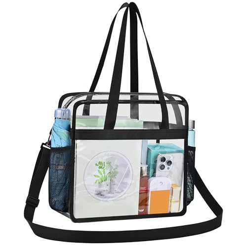 Clear Bag for Stadium Events 12×6×12 Clear Tote Bag | See Through Bag with Removable Shoulder Strap for Concert,Sport,Festival - color: Black, style: Upgrade Main Pocket