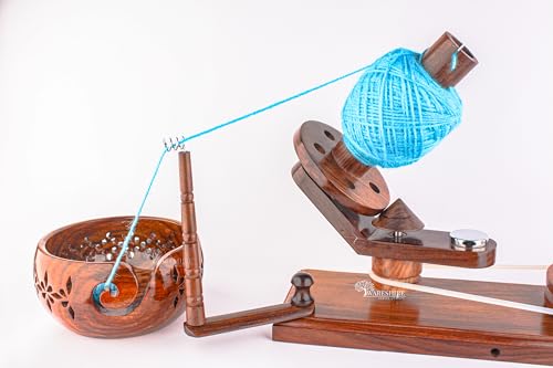 WARESHIRE Yarn Bowl and Ball Winder Combo Wooden Handmade Hand Operated | Natural Yarn Ball Winder Large Center Pull Cake with Wooden Yarn Bowl 6x3 inches | Yarn Ball Holder (Bowl+Rosewood) - color: Bowl+Rosewood