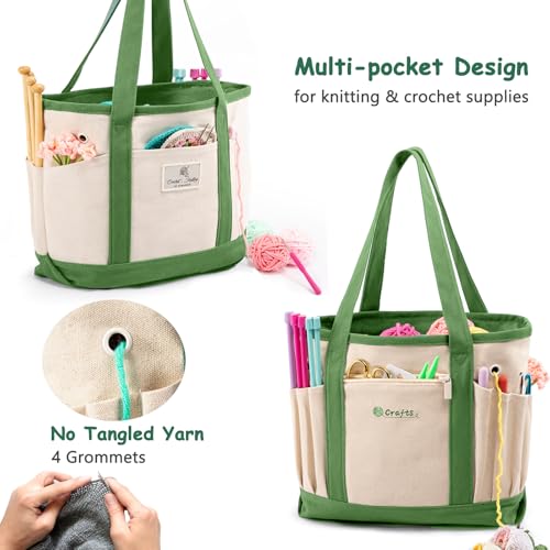 Canvas Yarn Storage Organizer Bag Washable Crochet Bag with Pockets for Yarn, Hooks, Needles – Travel Knitting Tote for Crafters – Gift for Crocheters & Knitters (Medium/Large) - color: Lime, size: Medium-12.5“