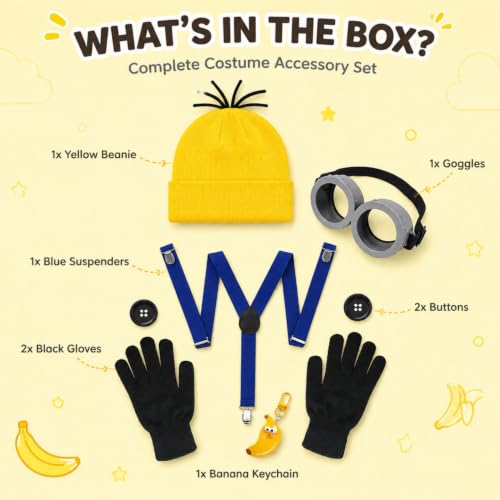 Cartoon Character Costume Accessory Kit Adult Men Women Halloween Costumes | Funny Easy Halloween Costumes Accessories Beanie Hat Goggles Gloves Banana Keychain for Birthday Themed Party Dress Up Set - color: Yellow - 6pcs