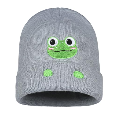 Personality Animal Head Embroidery Knit Beanie Hat for Adult and Big Kids Winter Warm Skull Cuffed Hats - color: Frog-grey