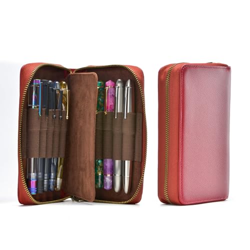 Fountain Pen Leather Pen Case 10 Divided Slots, Rollerball Pen Holder Handmade Display Organizer Zippered Pouch - color: Wine Red