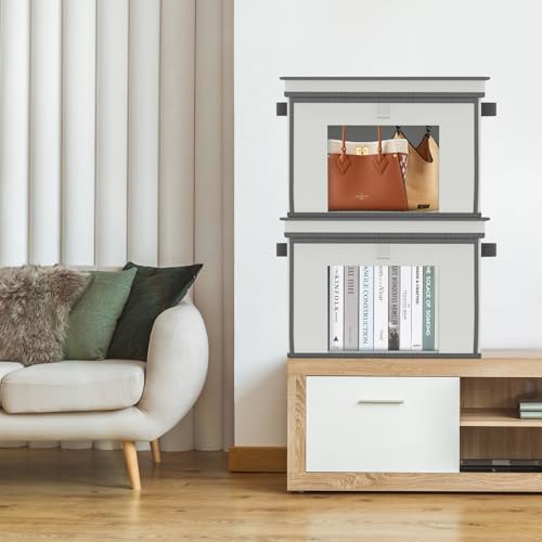 Univivi Front Opening Storage Bins with Lids for Home, Gray, 4 Pack | Foldable Fabric Storage Boxes, Large Closet Organizers and Storage with Clear Window & Handles for Clothing Storage - color: Light Grey, size: 16.5''-4 Pack