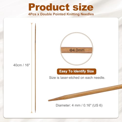 HARFINGTON 4Pcs Double Pointed Knitting Needles Size US 6 (4mm) 16" Long Carbonized Bamboo Straight Knitting Needles for Beginners Handmade Creative DIY Craft Yarn Projects - size: Size US 6 (4mm)