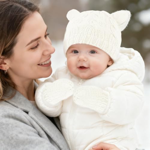 Baby Winter Hat Mittens Set Knitted Beanie Gloves for Baby Girls Boys Newborn Infant Toddler Autumn Winter - color: White