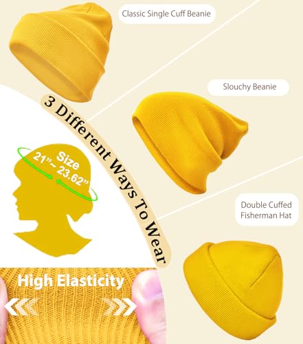 100% Cotton Beanie Hat Winter Hats Women Men Warm Knit Beanies | Double Layer Warmth ,Ultra-Soft Itch-Free Pure Cotton Knitted, Cuffed & Uncuffed Fisherman Slouchy Skull Cap for Womens Mens - color: 1pcs Yellow