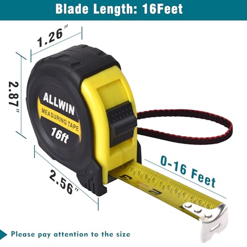 16ft Tape Measure with Fractions, 3/4" Wide Metal Blade, Compact & Easy Read Retractable Measuring Tape for Contractors, Carpenters, DIY - Rubberized Case & Belt Clip