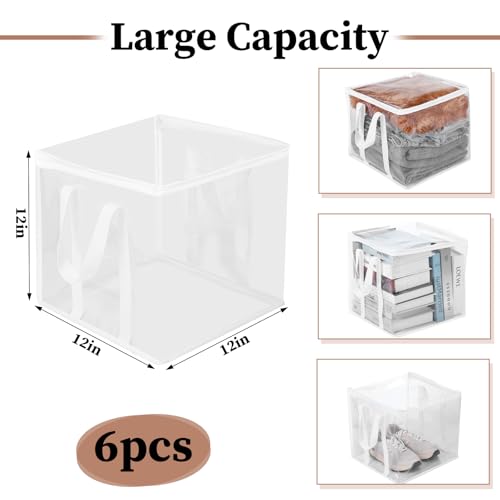 6 Pcs Clear Zippered Organizers 12''x12''x12'' Moving Bags with Reinforced Handles Heavy Duty Storage Cube Tote Storage Blanket Bags Bins for Clothes Moving Supplies Linens Shoes Closet Organizer