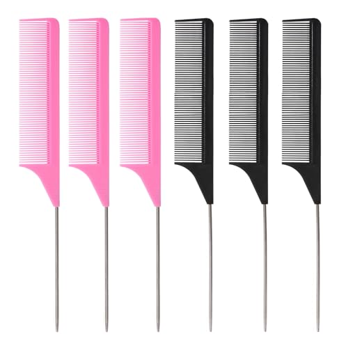 6PCS Rat Tail Combs Set, Parting Fine Tooth Combs with Metal Pick for Braiding Hair Women/Men Highlighting and Parting(Black, Pink) - color: Black+Pink