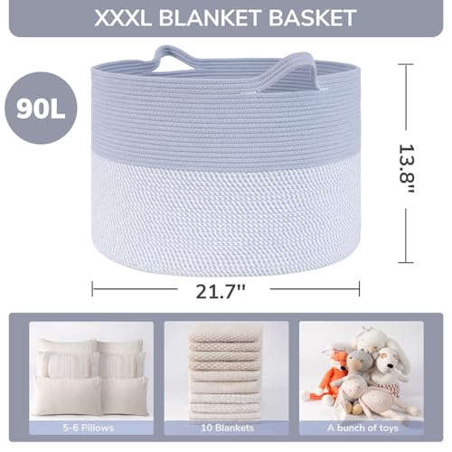 INDRESSME XXXLarge Woven Rope Blanket Basket Living Room Blue, 90L | 21.7" x 13.8" Storage baskets for toys laundry & pillows. Fits living room, bedroom or nursery décor. Soft-touch with handles - color: Blue & White, size: 21.7"D x 13.8"H
