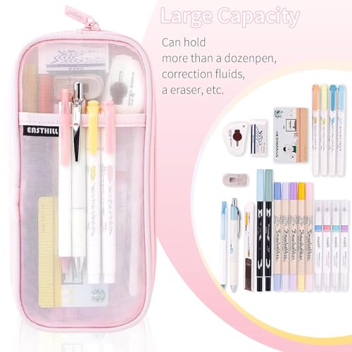 EASTHILL Grid Mesh Pen Pencil Case with Zipper Clear Makeup Color Pouch Cosmetics Bag Multi-Purpose Travel School Teen Girls and Boys Transparent Stationary Bag Office Organizer Box for Adluts(Pink) - color: Pink