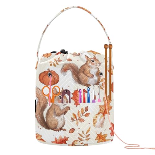 Fustylead Cute Squirrel Maple Pumpkin and Mushroom Yarn Knitting Crochet Drawstring Bag with Customized Front Compartment, Portable Large Storage Basket for Crocheting Project, Kit, Yarn Ball, Needle - color: Beige01 Squirrel