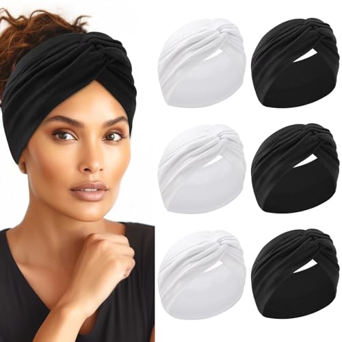 HAUHC Extra Wide Headbands for Women, 7'' Large Cotton Like Turban Knotted Bandana Head Bands for Women Non Slip, Boho Headbands for Women's Hair (3Pcs White + 3Pcs Black, Extra Large 7" Wide) - color: White + Black