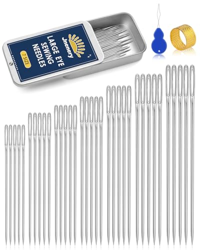 JNENERY Large Eye Sewing Needles 7Sizes Stainless Steel Needles Hand Sewing | 35Pcs Leather, Embroidery, Repair, Quilting- Easy Threading with Threader, Thimble for Crafters, Seniors, Traveler - size: 7 Size-35pcs