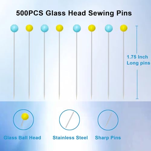 500 PCS Straight Pins, 1.75IN Sewing Pins Long Glass Ball Head Quilting Pins for Fabric, Stainless Steel Dressmaker for Sewing, Crafts, Jewelry Making, DIY(Yellow and Blue)