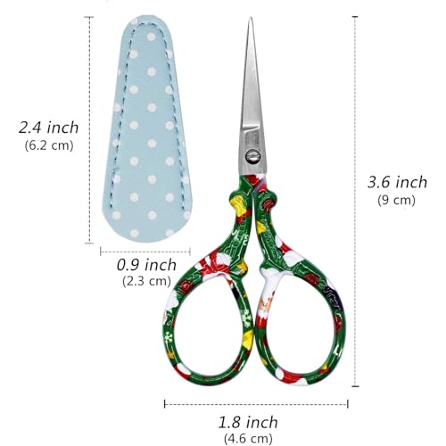 3.6 inch Scissors with Sheath for Embroidery Knitting Craft Yarn | Stainless Steel Scissors with Leather Scissor Cover Little Straight Stainless Steel Pointed Tip Shears for Thread Cutting - color: Green Christmas