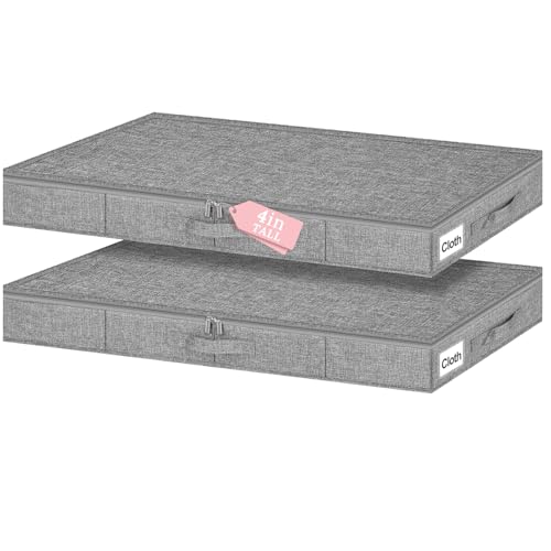4-In Low Profile Under Bed Storage, Rigid Structure, 2 Pack, Gray | Below 4 Inch Low Space Storage, Rigid Sides & Bottom, Reinforced Handles, Foldable Design, for Couches, Cribs, Dorm Beds - color: Gray-Rigid-2pcs, size: 4 Inch