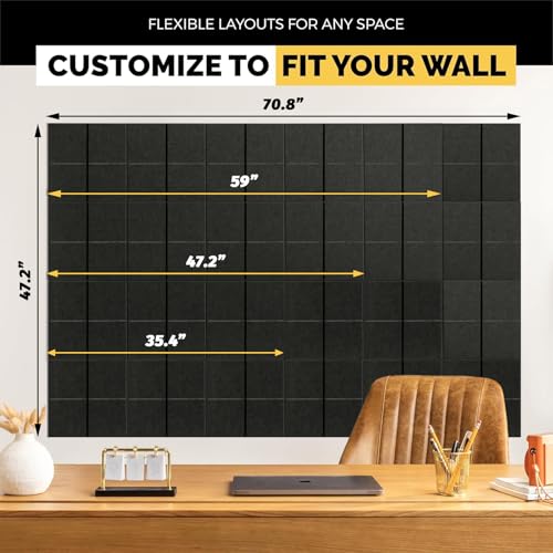 24 Pack Large Felt Bulletin Board for Walls, 48" x 72" Mega Coverage (24 SQ FT), 12"x12" Square Pin Board Tiles with 60 Push Pins & 140 Strong Adhesive Tabs, Black - color: Black