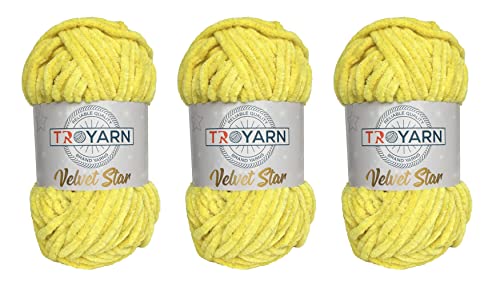 Troyarn Velvet Star (3- Skeins Pack) Silvery Glitter Chenille Baby Blanket Yarn Amigurumi Yarn for Crocheting and Knitting Super Bulky 3x100 gr (3x120 yds) (10444 - Lemon, 3 Skein) - color: 10444 - Lemon, size: 3 Skein