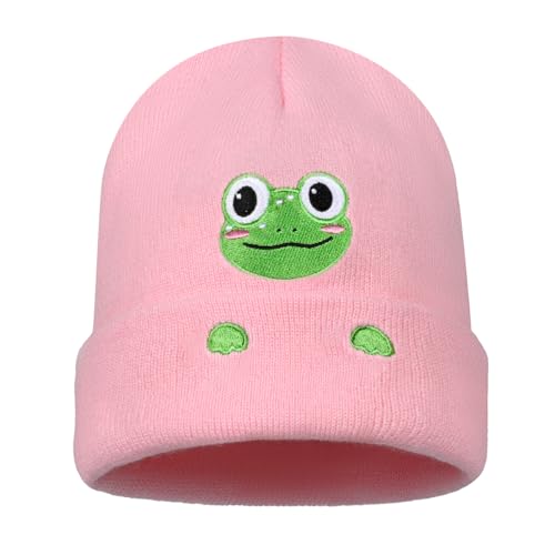 Personality Animal Head Embroidery Knit Beanie Hat for Adult and Big Kids Winter Warm Skull Cuffed Hats - color: Frog-pink