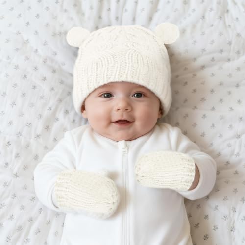 Baby Winter Hat Mittens Set Knitted Beanie Gloves for Baby Girls Boys Newborn Infant Toddler Autumn Winter - color: White