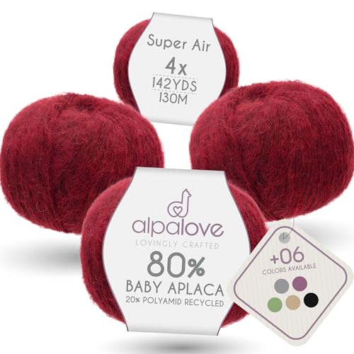 Super Air 4-Set Baby Alpaca - Soft and Fast Hand Knitting Yarn 7.05 oz/ 568 Yards - Melnage Red Wine - color: HF179 Red Wine Melange