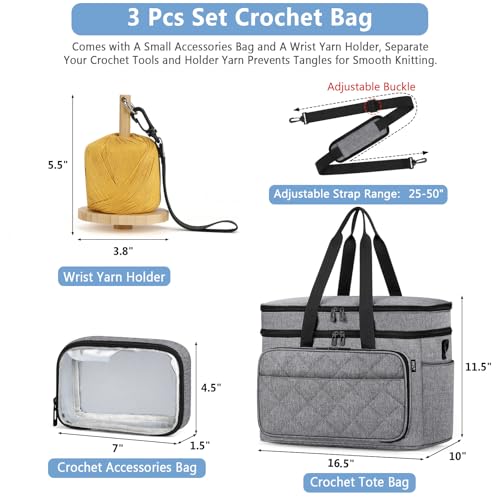 Crochet Organizer Bag with Yarn Holder, Large Yarn Storage for Accessories | 3PCS Crochet Knitting Bag with Accessory Pouch for Hooks, Needles, Travel Tote, Crochet Lovers, Gift for Crafters, No-Tangle - color: Gray