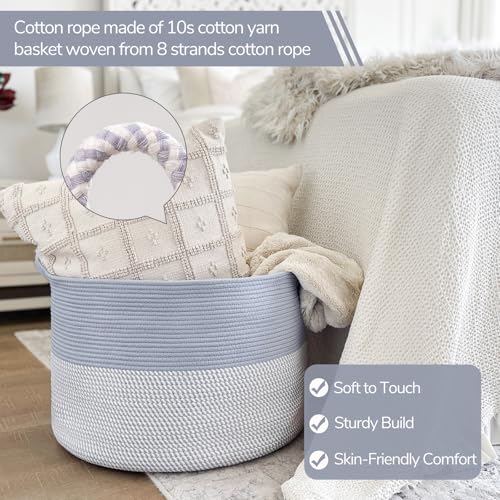 INDRESSME XXXLarge Woven Rope Blanket Basket Living Room Blue, 90L | 21.7" x 13.8" Storage baskets for toys laundry & pillows. Fits living room, bedroom or nursery décor. Soft-touch with handles - color: Blue & White, size: 21.7"D x 13.8"H