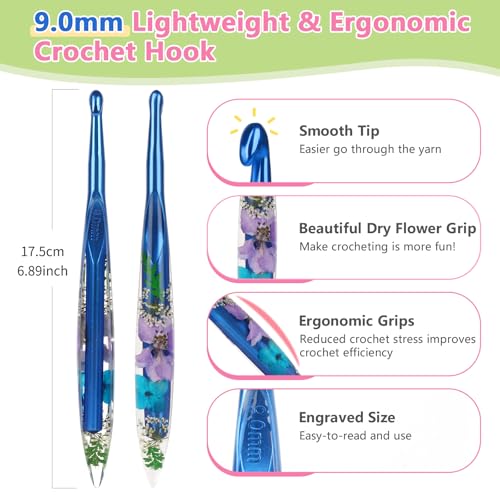 Katech 9.0mm Crochet Hook for Arthritic Hands, Long Aluminum Inline Hooks | Ergonomic Crochet Hooks with Dried Floral Grip-Elegant & Unique, Smooth Crochet Needle-Crochet Gift for Beginner&Crocheter - size: 9.0mm