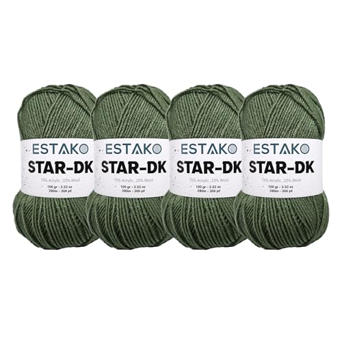 Estako Star-DK Soft Yarn for Crocheting, DK Weight 3, 4-Pack, Grass | 75% acrylic 25% wool, 4 skeins, 400 g, 1224 yds, amigurumi, granny squares, socks, beanies, mittens, plush toys - color: 34067 - Grass, size: Pack of Four
