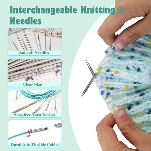 Yarniss Small Size Circular Knitting Needle with Rotating Cable 2.0~5.0mm | 11 Pair Stainless Steel Interchangeable Knitting Needles with Case,4.92-Inch Lace Knitting Needles Set - color: Green