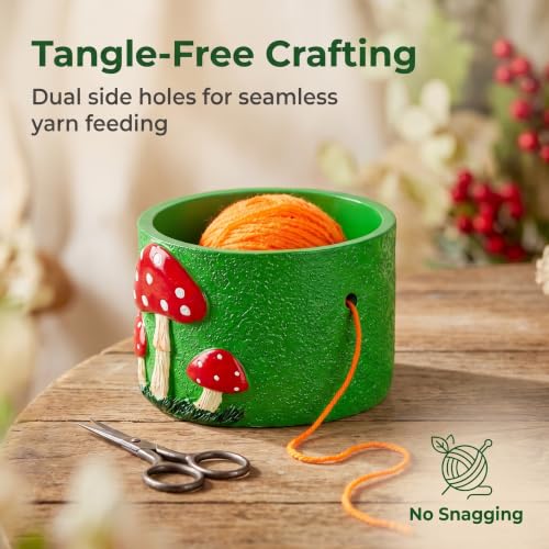 Green Resin Mushroom Yarn Bowl Holder with Dual Holes for Knitting Crochet | Green resin mushroom yarn storage bowl with side outlet holes to keep yarn smooth and tangle-free for knitting and crochet.