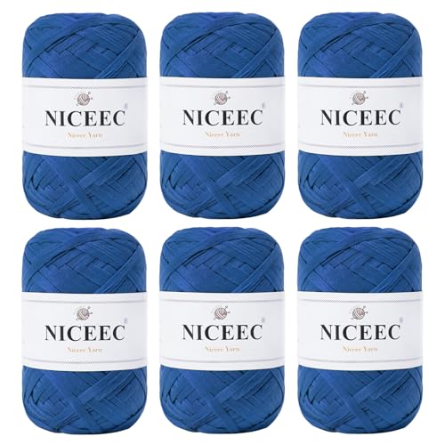 NICEEC 6 Skeins Soft Tape Yarn-Dark Blue | Crocheting Craft Paper Yarn Easy Crochet Raffia Yarn Ribbon Yarn for DIY Craft Gift Wrapping Total Length 1.76oz*2/109yds*2 - color: Dark Blue, size: 6 Pack