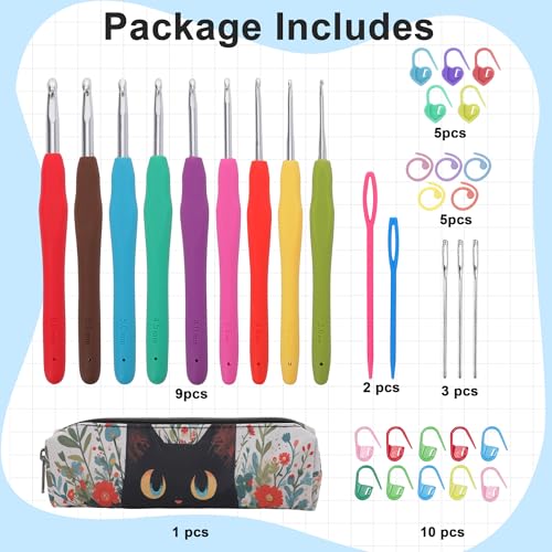 Crochetbox Crochet Hooks Set, 9 Size 2mm(B)-6mm(J) Ergonomic Handles Crochet Hooks with Case for Arthritic Hands, Kintting Needle with Crocheting Tool for Crocheters - size: 9 Size(2~6mm)(black cat case)