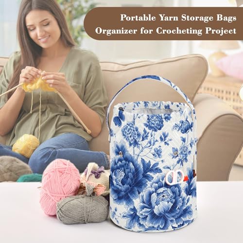 Blue White Peony Flower Butterfly Yarn Bag Small Crochet Bag Drawstring Yarn Storage Organizer Knitting Project Bags Potable Crochet Holder with Holes Handle Crocheting Needles Knitting - color: Blue and White Peony Flowers Leaf
