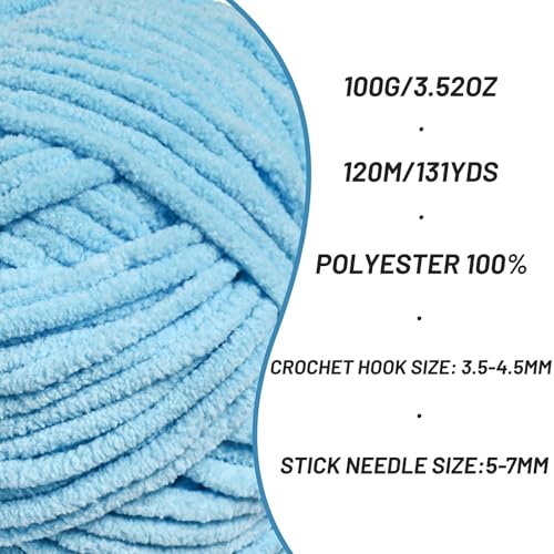 2 Pack Plush Chunky Chenille Yarn for Crocheting, Soft Fluffy Velvet Yarn for Crocheting Amigurumi, Fuzzy Baby Blanket Knitting 200g/262yds Bulky(2 Azure Blue) - color: 2 Azure Blue