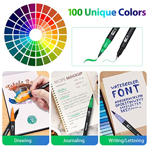 Eglyenlky Dual Brush Pens, Markers for Adult Coloring Book,100 Water Colors | Art Pens with Fine Point Markers and Brush Tip for Adult Kids Drawing (Black Set) - color: 100 Colors-Cloth Bag