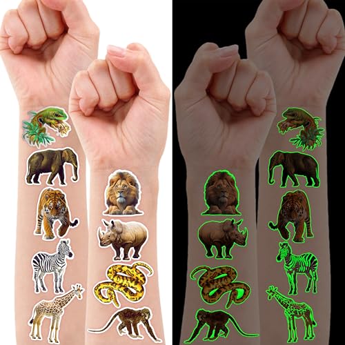 96 PCS Glow In The Dark Realistic Jungle Animal Temporary Tattoos - color: Luminous