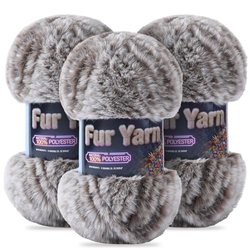 Faux Fur Yarn Soft Fluffy for Crocheting - 3 Skeins(Each 3.5oz/100g, 71yd/65m) - Chunky & Fluffy Yarn for Crochet Amigurumi, Blankets, Hand Knitting, Scarves &Crafts (3, Flax Brown) - color: Flax Brown
