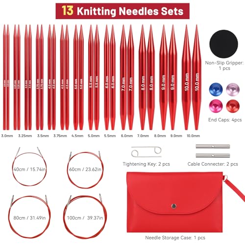 Aeelike 13 Pairs Interchangeable Knitting Needles Set 3-10.0mm, Cherry Red | Aluminum Interchangeable Knitting Needles with 4 Cables, Smooth Complete Needles Set for Socks Blankets Sweaters, Ideal Gift - color: Cherry Red