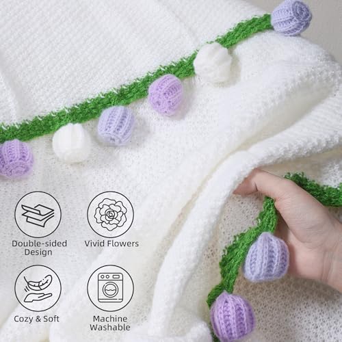 Ivydale Crochet Flower Bouquet Throw Blanket - color: Purple Tulip
