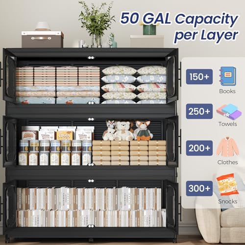 150Gal Extra Large Stackable Storage Bins with Wheels & Lid & Doors, 200QT/50GAL 3-Tiers Collapsible Closet Organizers Plastic Drawers Containers Boxes for Home Kitchen Bedroom, Black - color: Black, size: 50Gal-3Pack