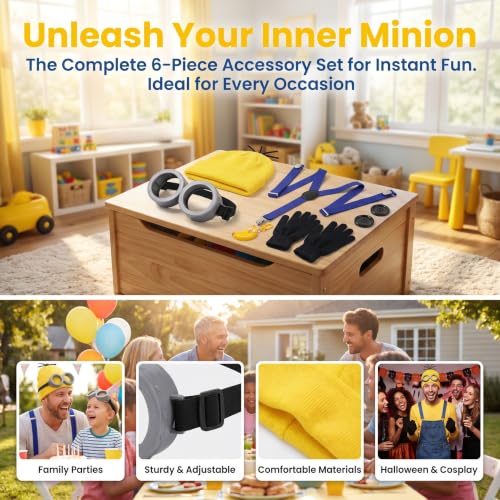 Cartoon Character Costume Accessory Kit Adult Men Women Halloween Costumes | Funny Easy Halloween Costumes Accessories Beanie Hat Goggles Gloves Banana Keychain for Birthday Themed Party Dress Up Set - color: Yellow - 6pcs