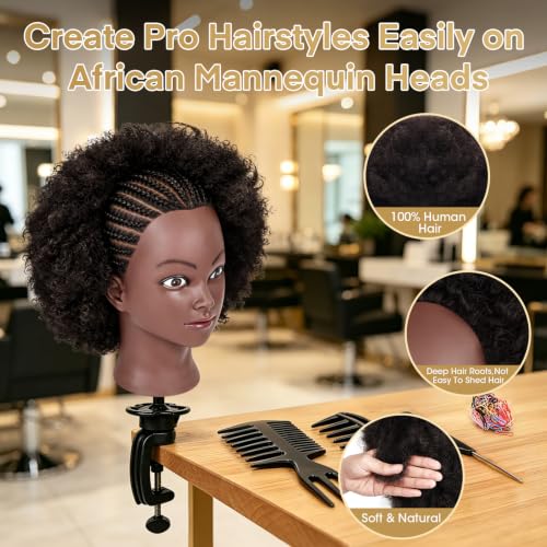 Afro 100% Human hair Mannequin Head,10''Curly Full Real Hair Mannequin Head,Cosmetology Mannequin Doll Head Styling,Manikin Head Hairs Braiding DIY Styling with Clamp Holder Set（10 Inch Dark Brown） - color: 10 Inch Dark Brown