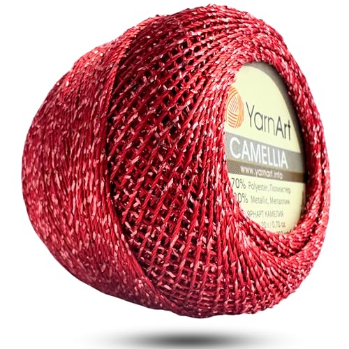 Yarnart Camellia Metallic Shimmer Fine Yarn - 70% Polyester, 30% Metallic, 192m, 20g, Crochet Thread, Lace, Embroidery, Jewelry Making, and Decorative Craft Yarn, 1.25mm Hook (Red, 20g Skein) - color: Red, size: 20g Skein