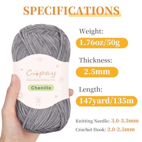 Coopay Skinny Chenille Yarn for Crocheting & Knitting, Black & Grey | Crochet Yarn Set - 600g Total, Velvet Yarn for Colorful Crafts, Blankets, Plush Dolls, Decorative Handmade Works - color: Gray Tones, size: #2 Thin