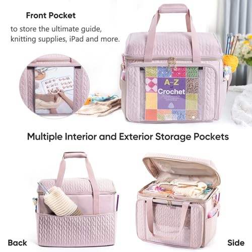 MYBAGZING Large Yarn Storage Bag,Crochet Bag Organizer,Yarn Bags for Crocheting,Crochet Storage Bag with Pockets for Crochet Hooks, Crochet Accessories,Knitting Bags,Gifts for Crocheters - color: Pink, size: Large